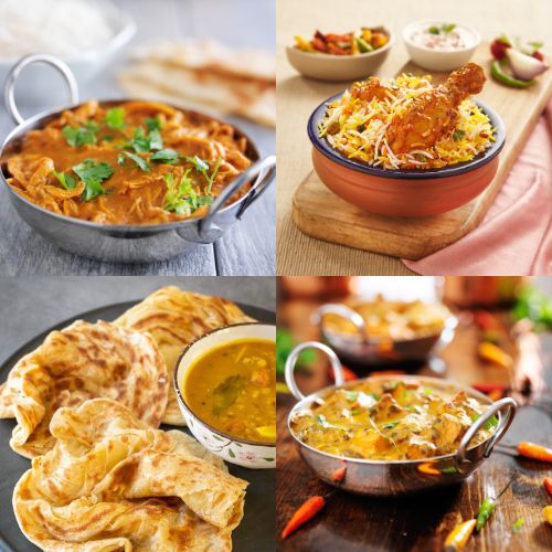 There are four images with curry , parata rice and chicken